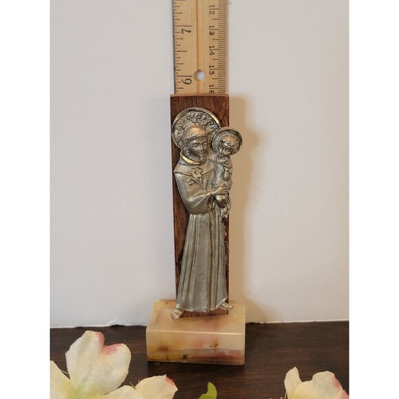 Vintage St. Anthony & Child Pewter Wood Marble Religious Figurine 5.75" Italy - Picture 3 of 4
